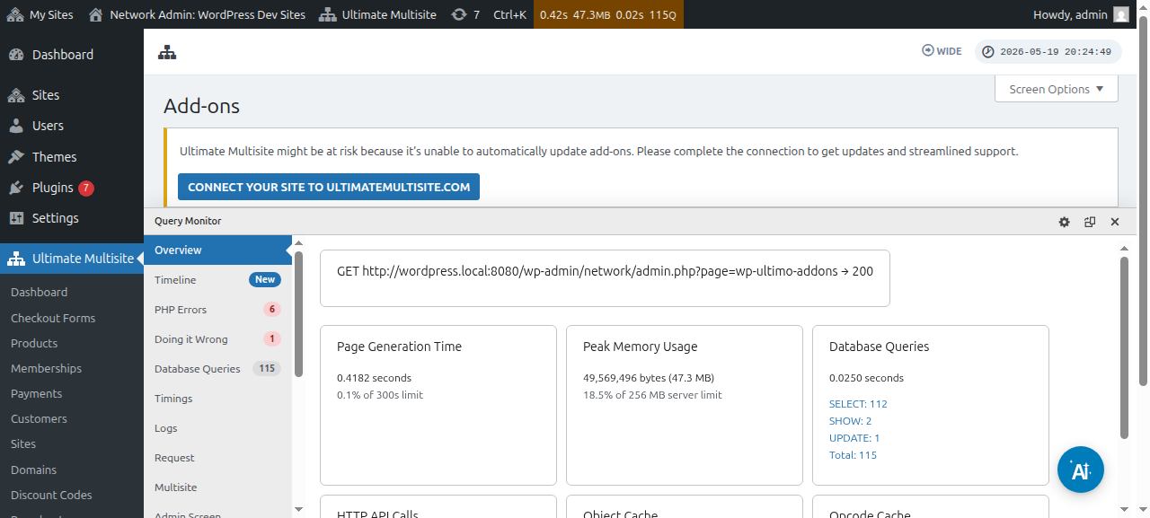Add-ons page listing Ultimate Multisite add-ons including WooCommerce Integration