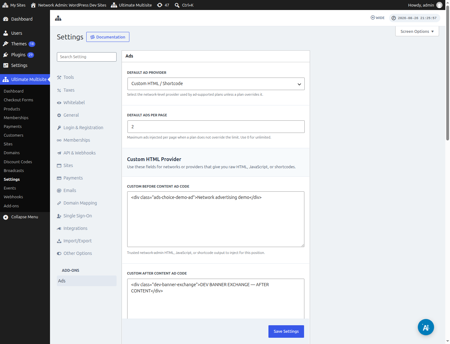 Network Ads settings