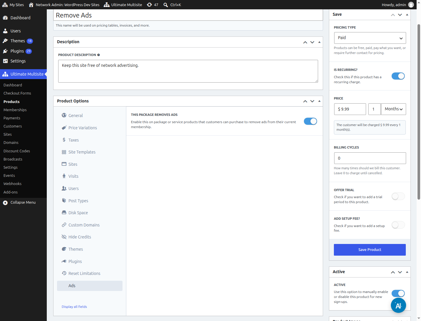 A recurring package configured to remove ads