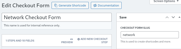 Checkout form editor with name and slug fields