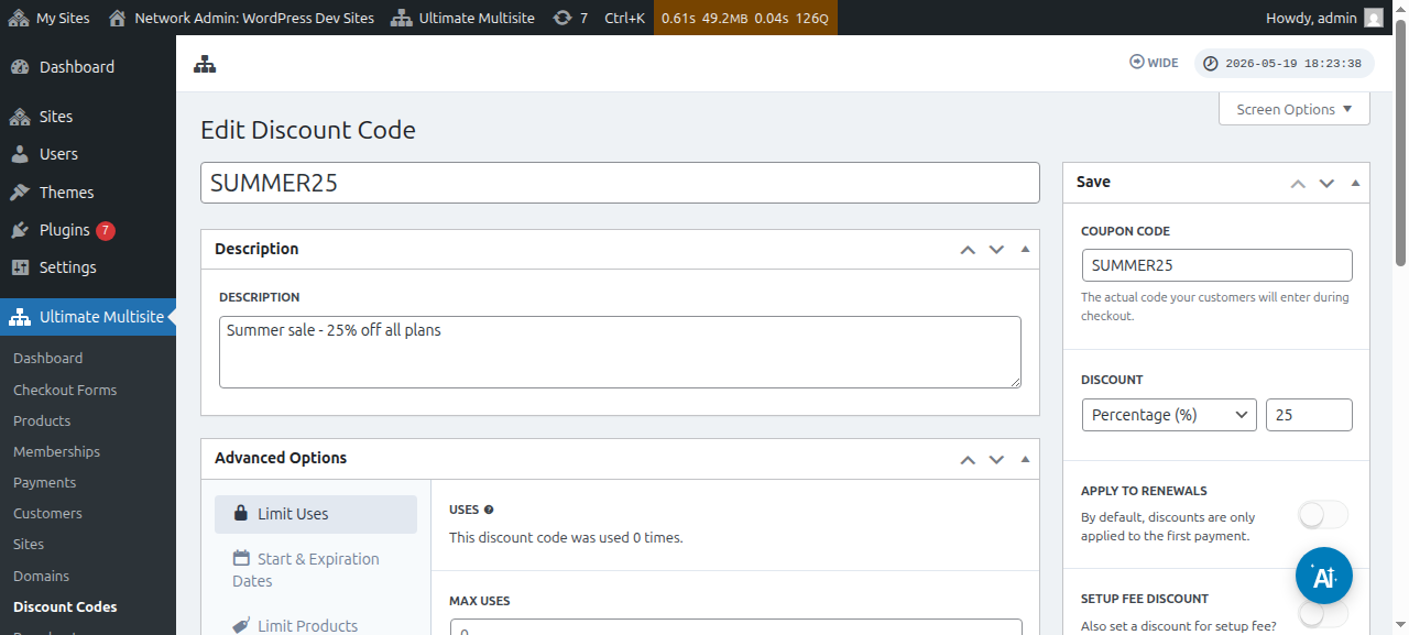 Discount code name and description fields at the top of the edit page