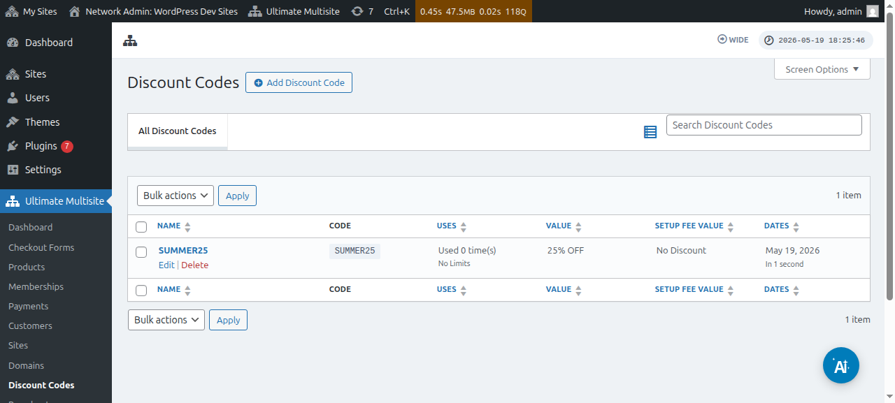 Discount codes list with hover actions showing Edit and Delete links