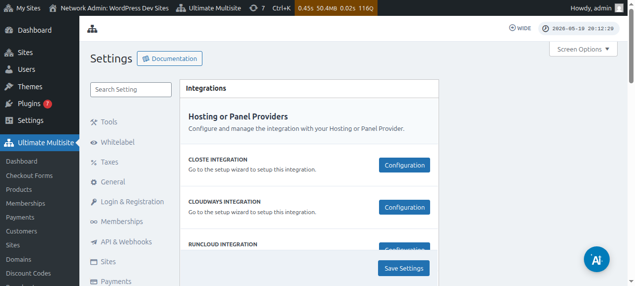Integrations tab in Ultimate Multisite settings showing hosting providers
