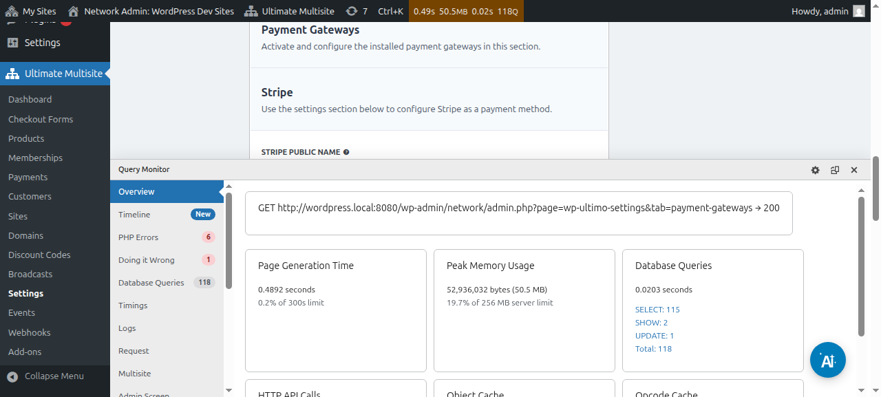 Active Payment Gateways section listing Stripe, Stripe Checkout, PayPal and Manual