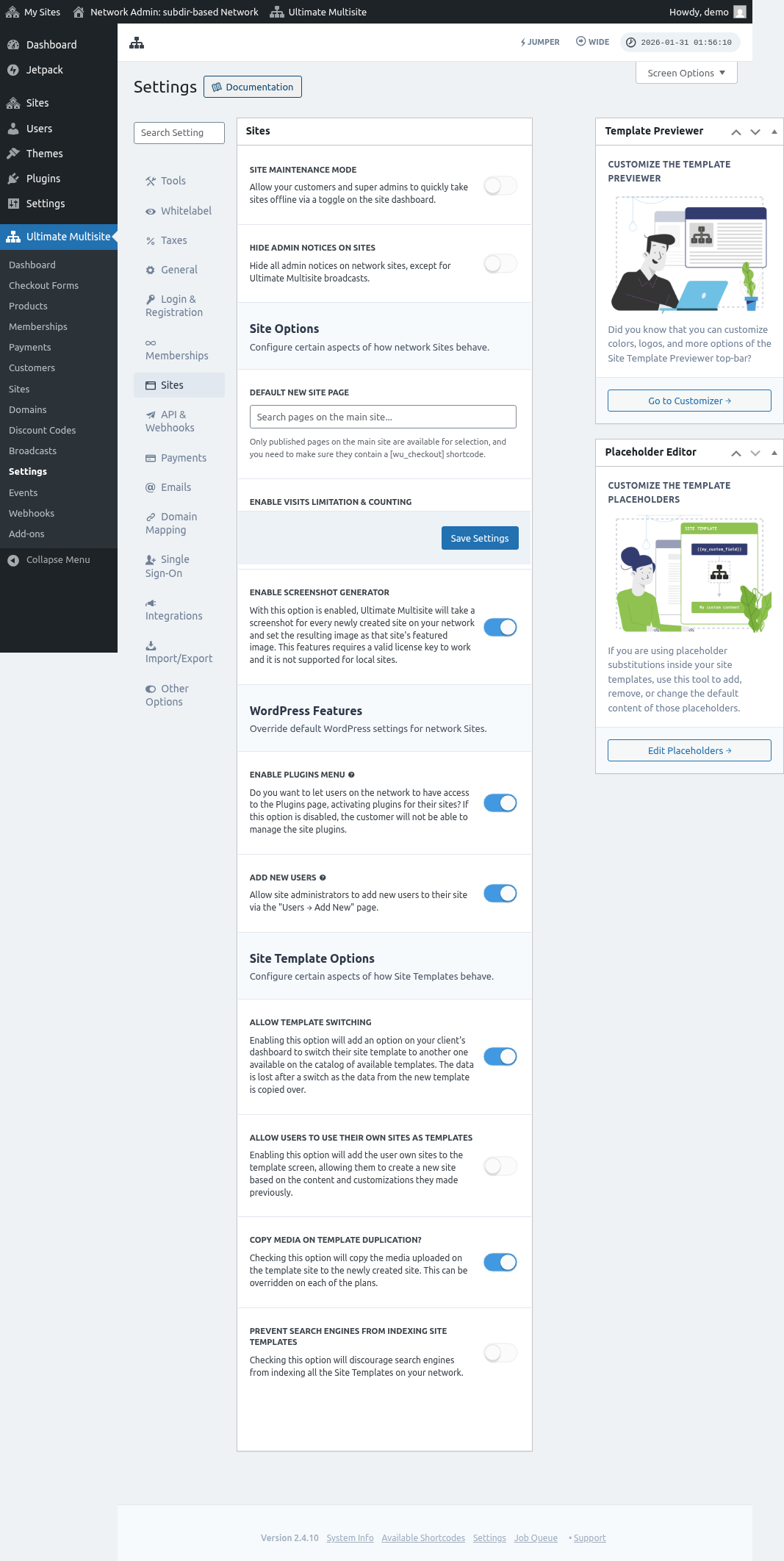 Settings sites full page