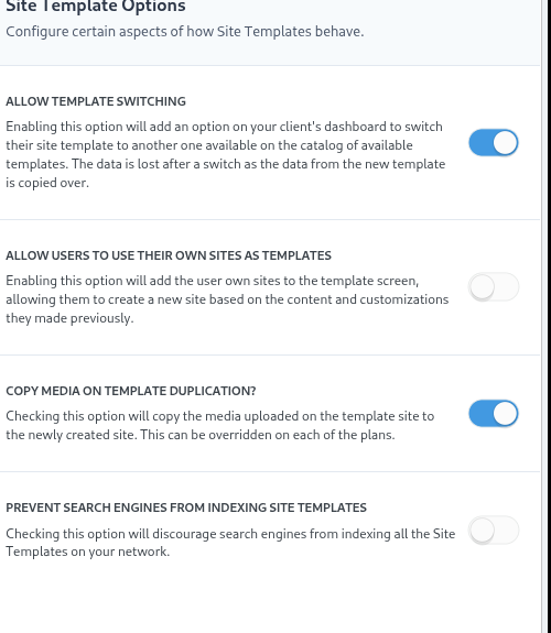 Site template options in Ultimate Multisite settings