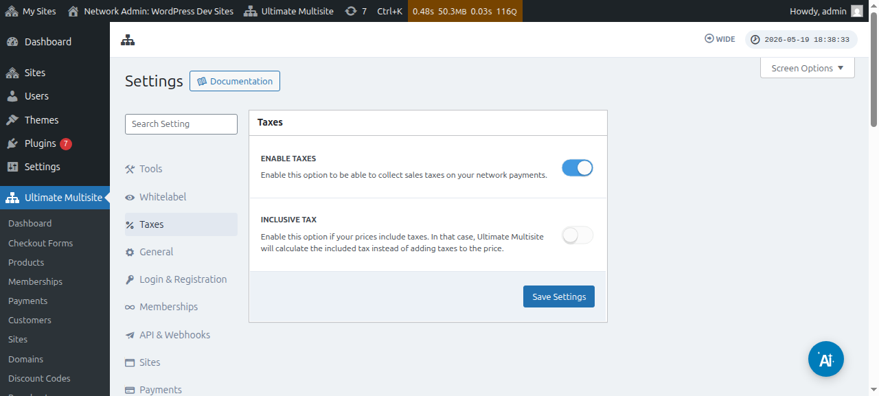 Enable Taxes toggle at the top of the Tax settings page