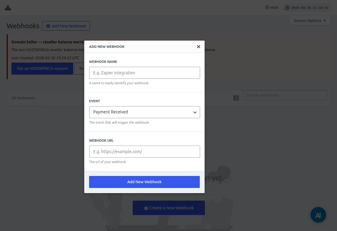 Add New Webhook form with Name, Event, and URL fields