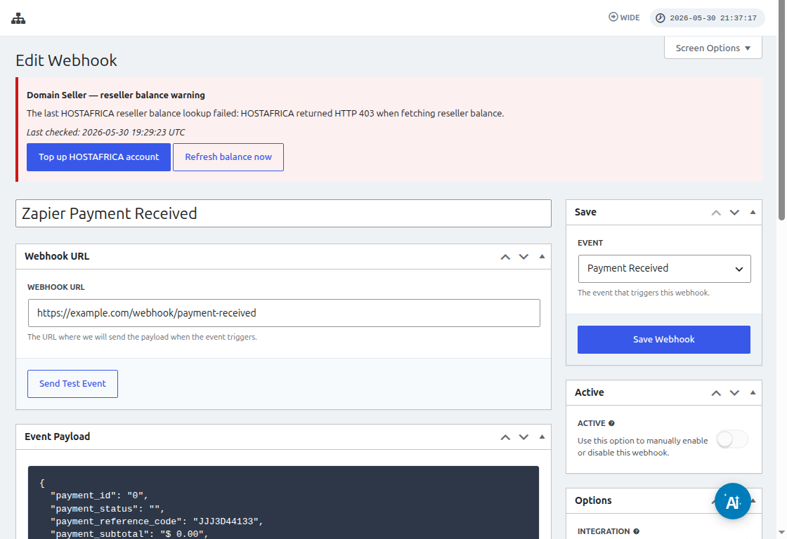 Webhook edit interface showing the URL field and payload preview