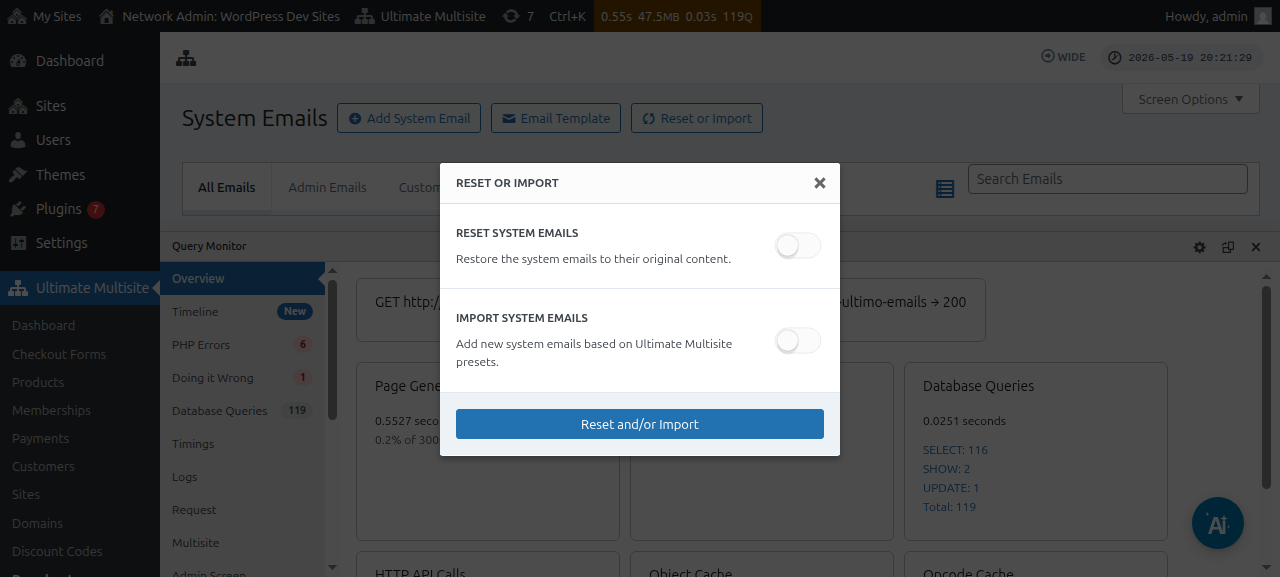 Akční tlačítko Reset nebo Import na administrační stránce System Emails