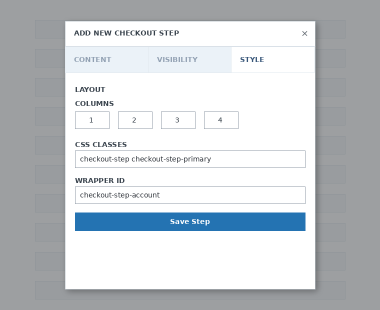 Pestaña de estilo del paso del formulario de checkout