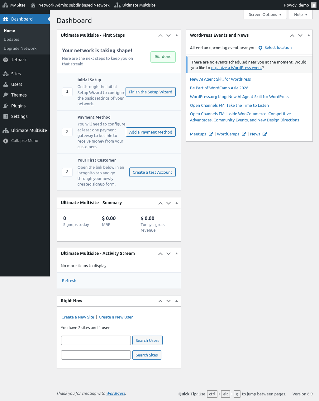 Página completa del Dashboard de red