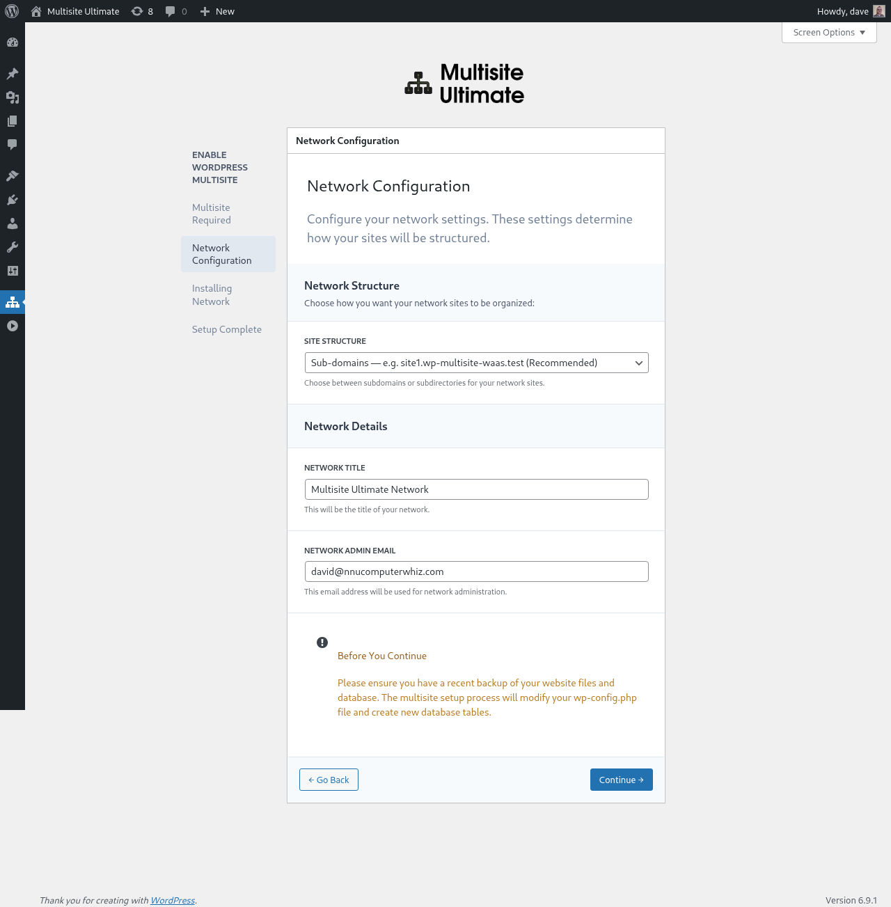 Multisite Setup Wizard - Network Configuration