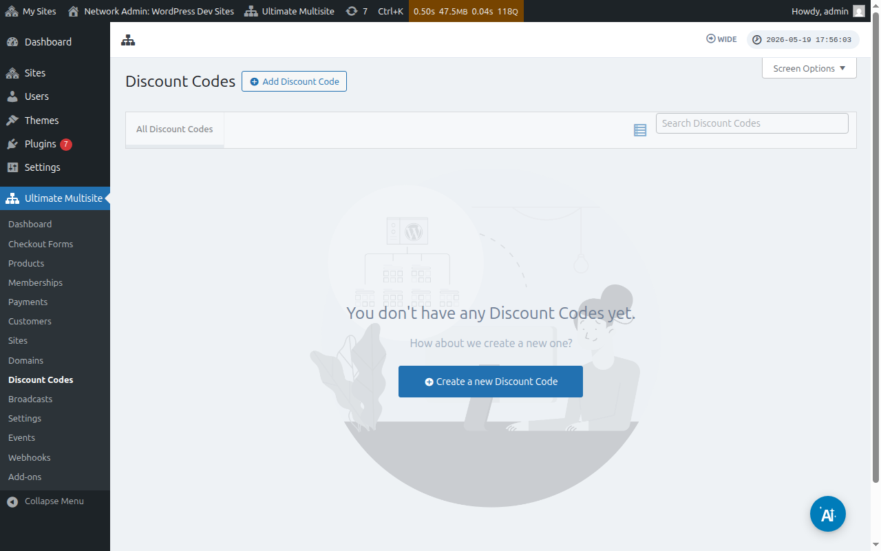 רשימת קודי הנחה — מצב ריק לפני שקיימים קודים כלשהם