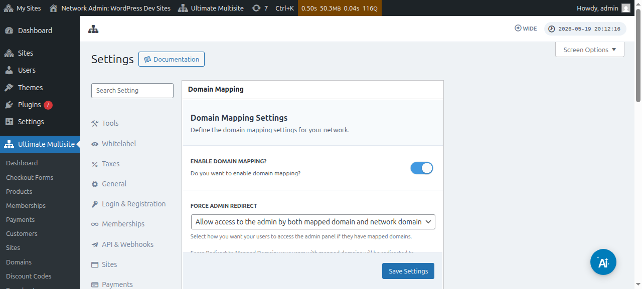 डोमेन मैपिंग सेटिंग्स पृष्ठ जिसमें admin redirect, mapping message और DNS विकल्प दिख रहे हैं