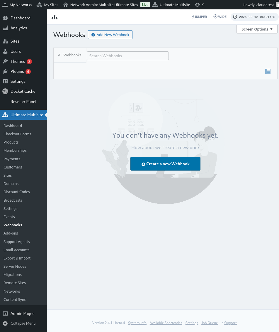 Add New Webhook बटन के साथ खाली Webhooks सूची पृष्ठ