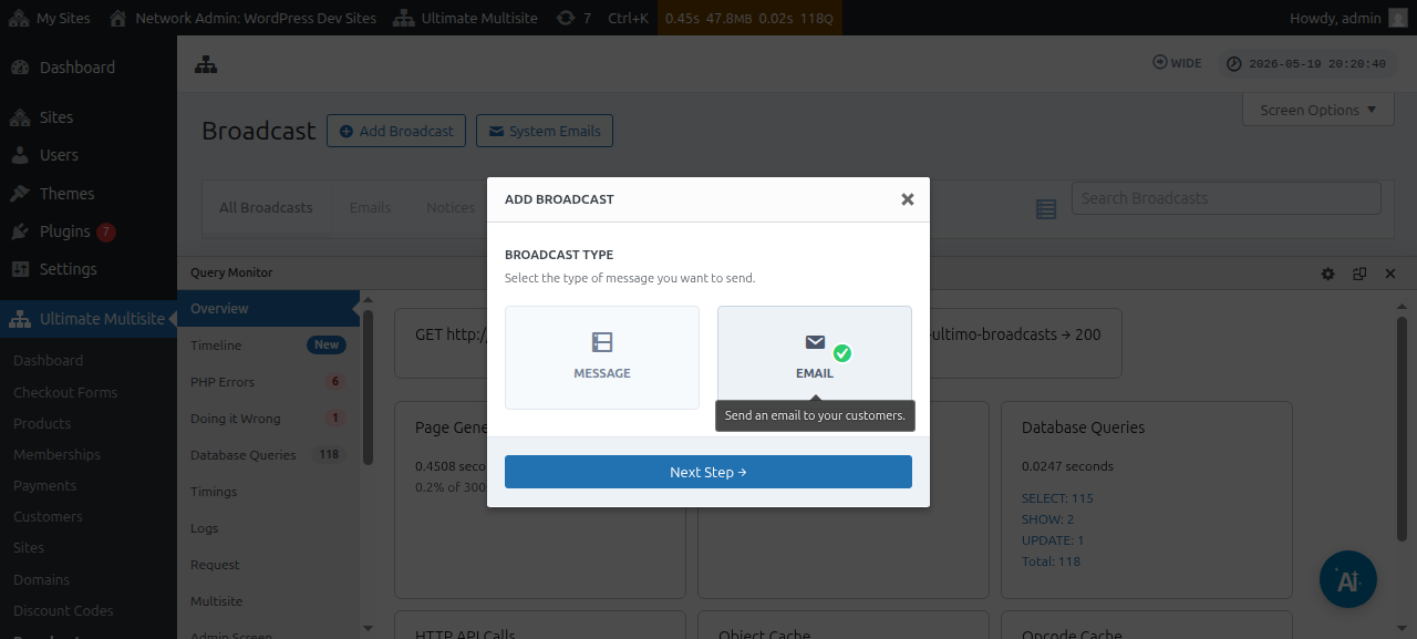 Modal tambah broadcast dengan opsi Email dipilih