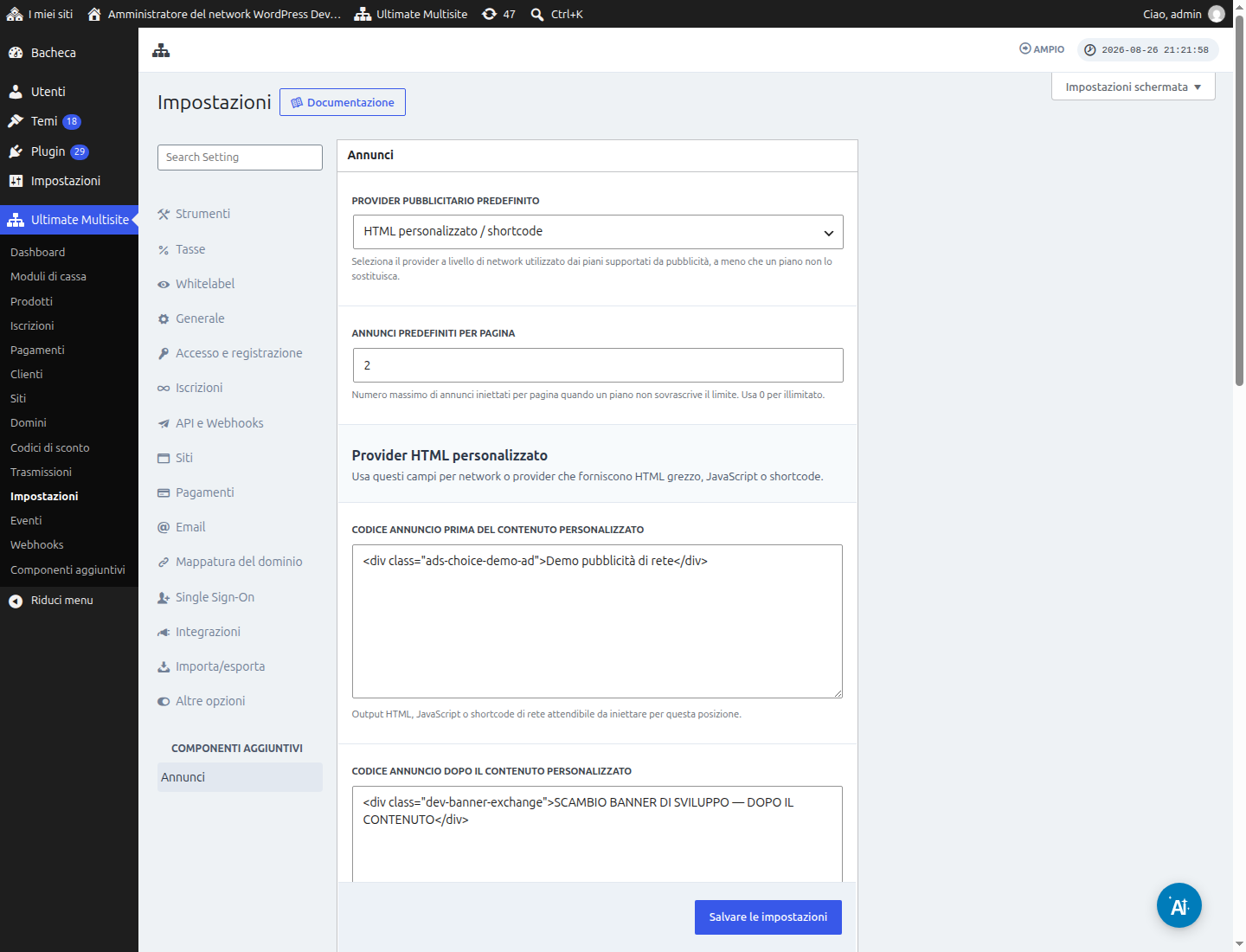 Impostazioni Ads del network