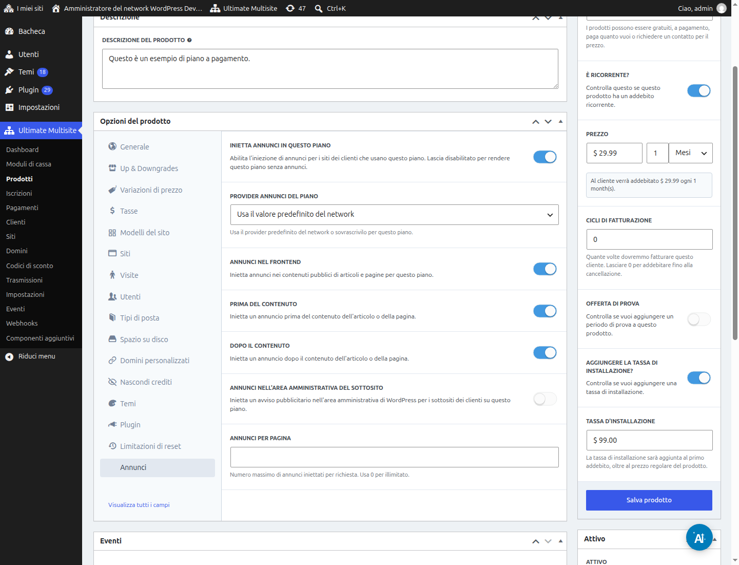 Opzioni Ads di un piano con annunci