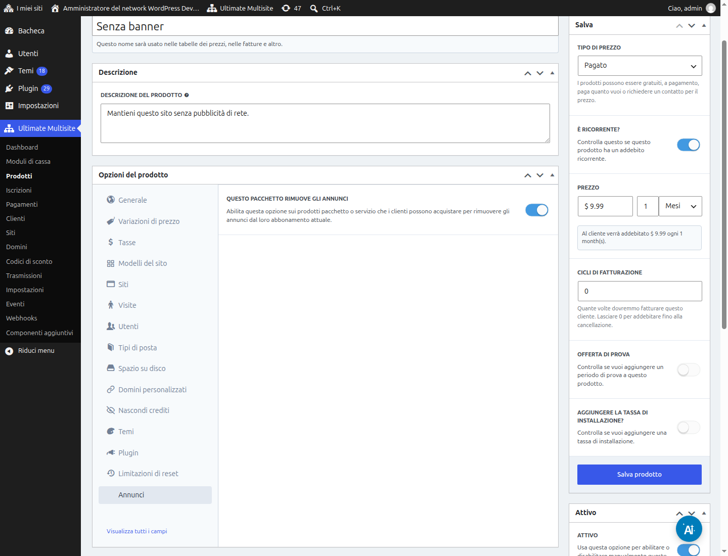 Pacchetto ricorrente configurato per rimuovere gli annunci