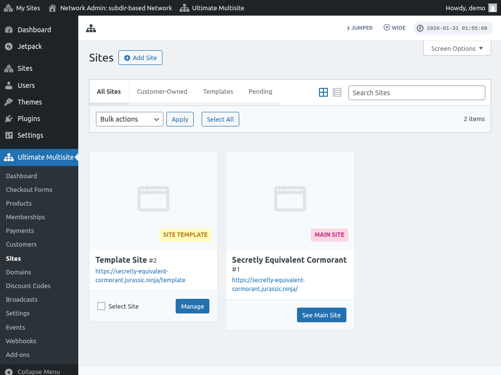 Ultimate Multisite site management interface