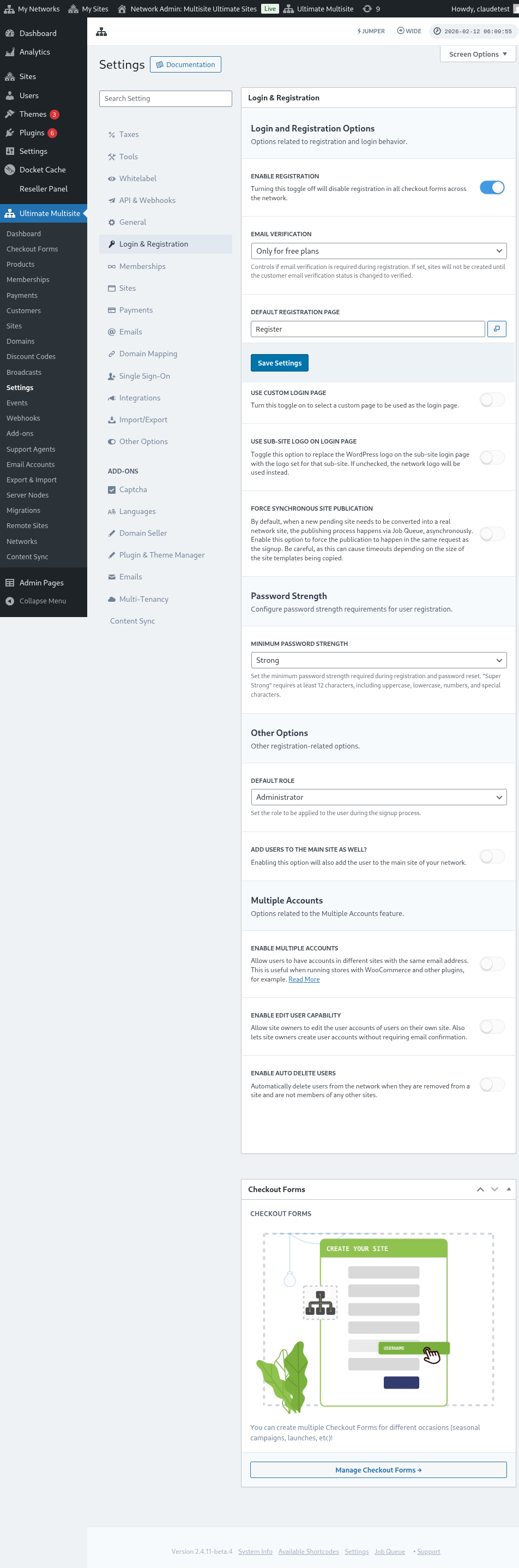 Full innstillingsside for innlogging og registrering