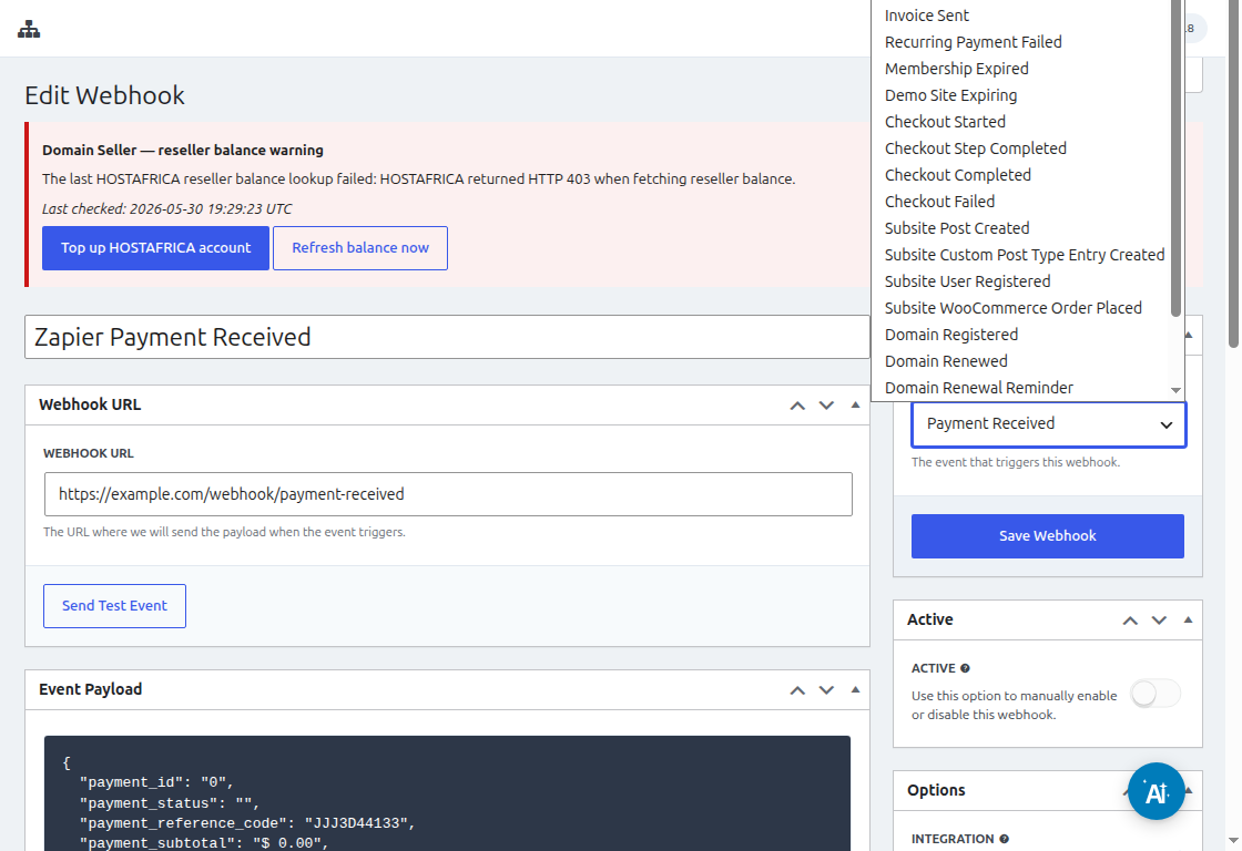 Payment Received ਚੁਣਿਆ ਹੋਇਆ ਦਿਖਾਉਂਦਾ webhook event dropdown