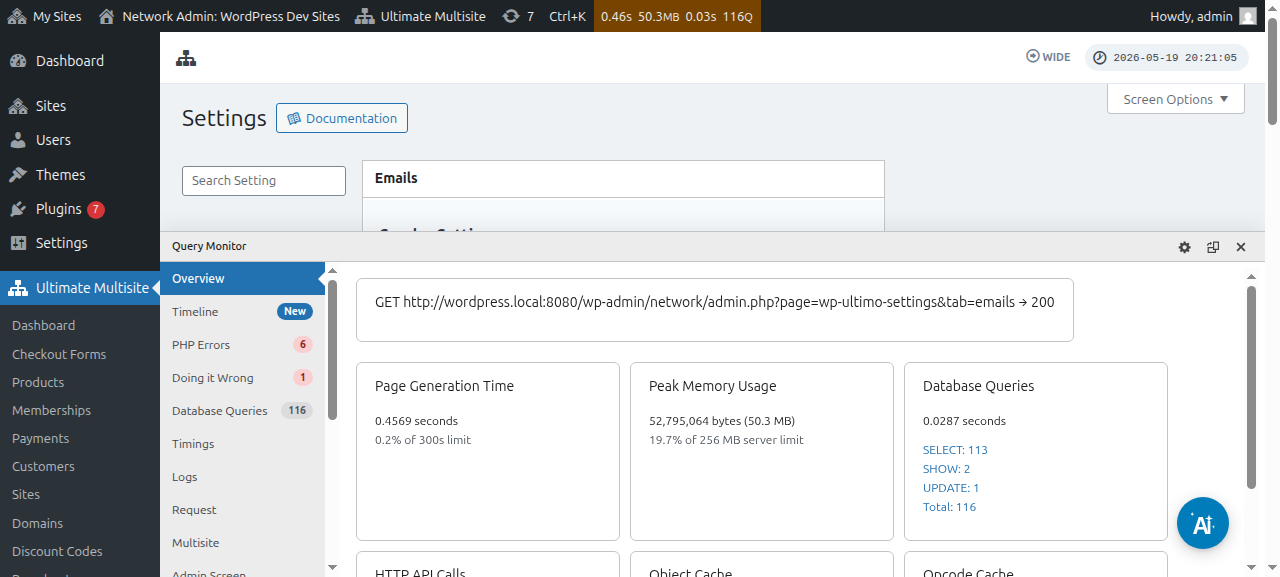 Aba Emails nas configurações do Ultimate Multisite mostrando a seção Emails do sistema