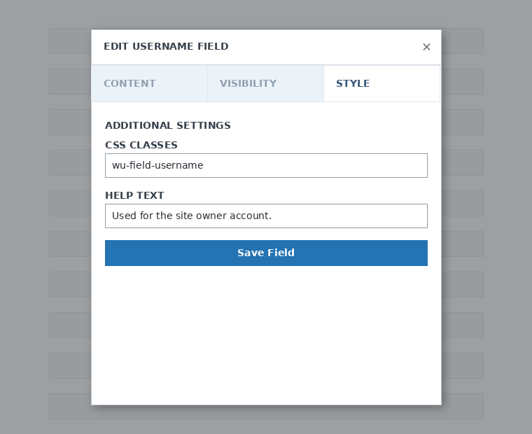 Setări de stil pentru câmpul Nume de utilizator