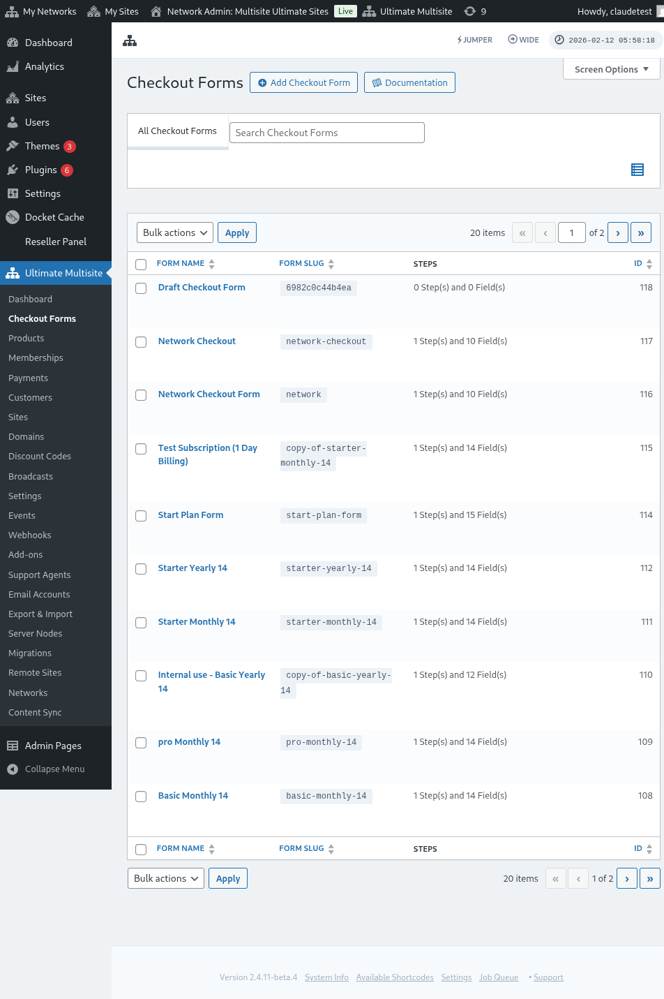 Checkout forms list page