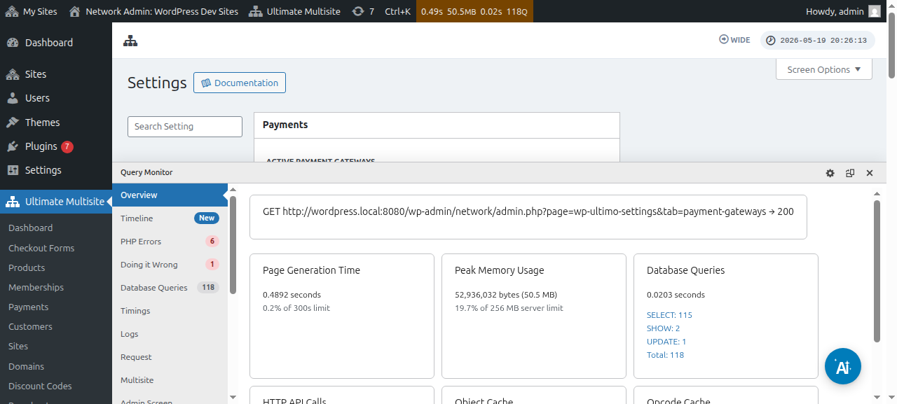 Ukurasa wa mipangilio ya Malipo katika Ultimate Multisite unaoonyesha paneli ya Malipo