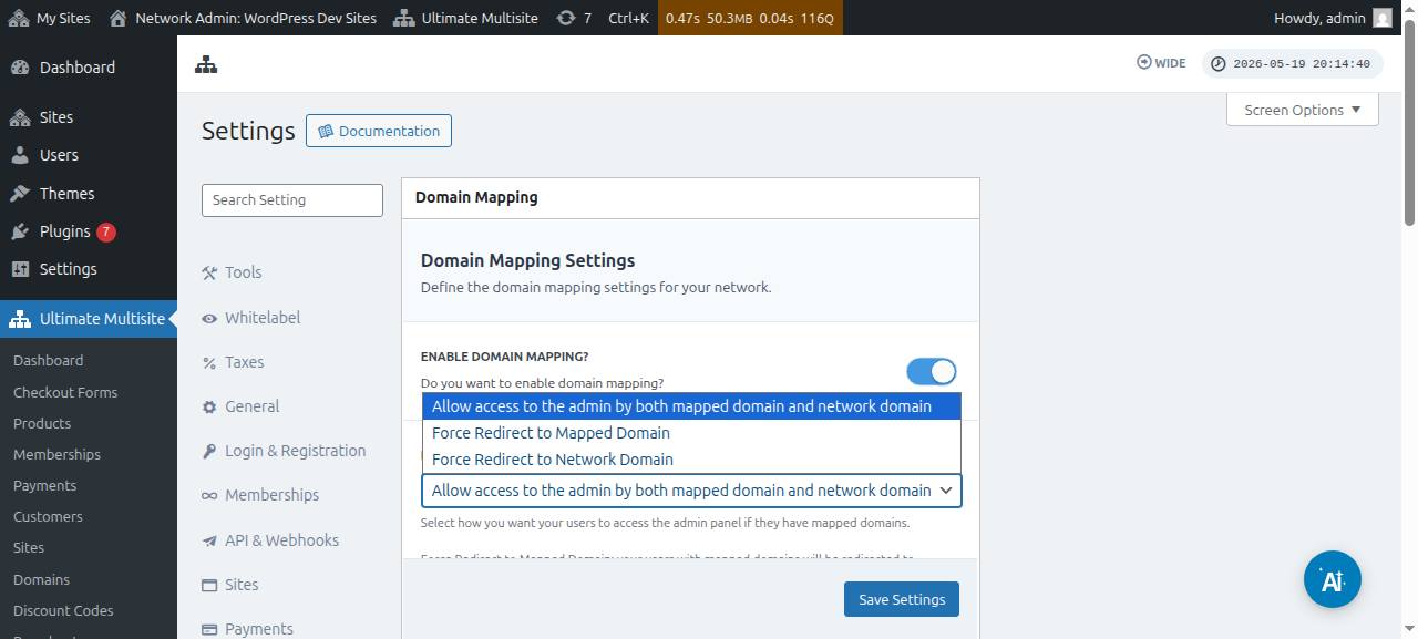 மூன்று redirect விருப்பங்களைக் காட்ட விரிக்கப்பட்ட Admin Redirect dropdown