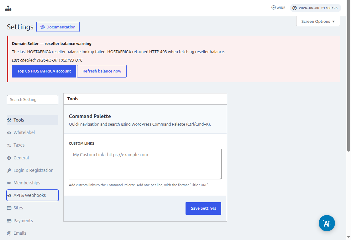 การตั้งค่า API and Webhooks พร้อมตัวเลือก API Settings และ Enable API