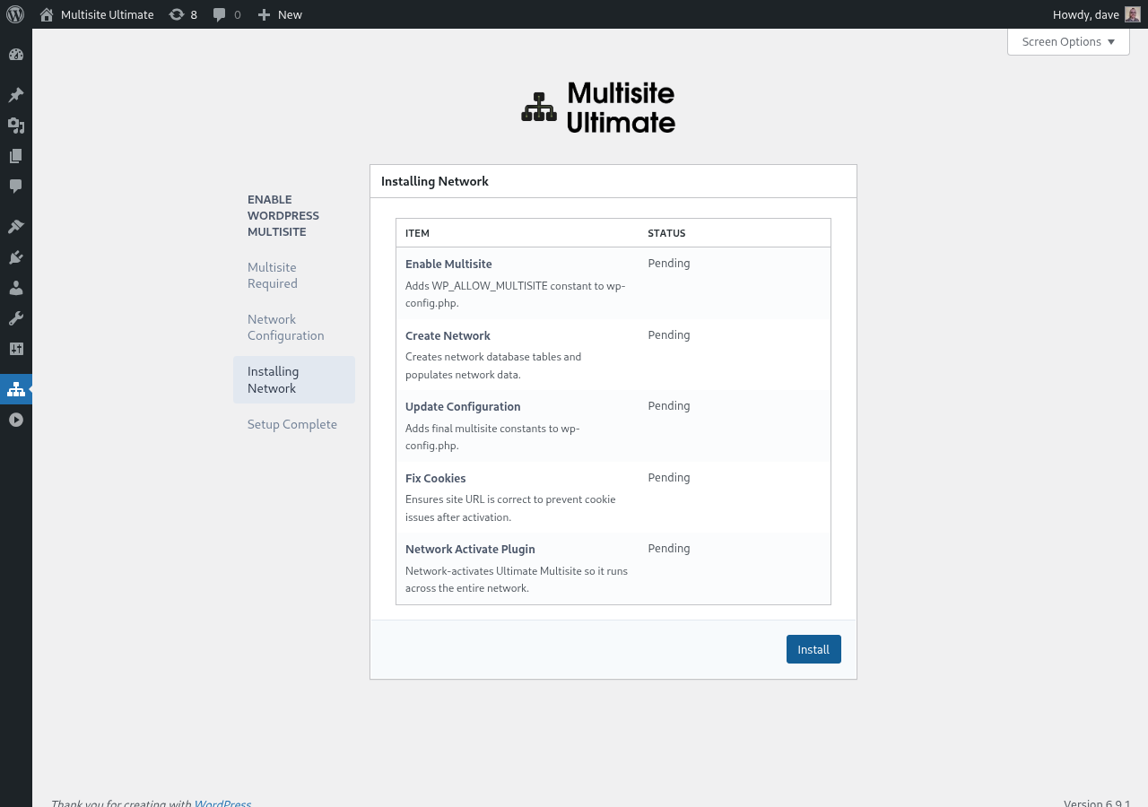 Multisite Setup Wizard - Installation pending