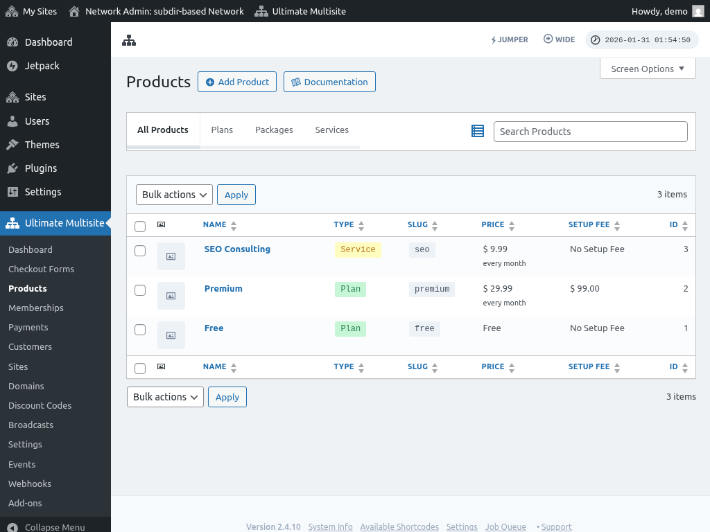Products list showing plan IDs